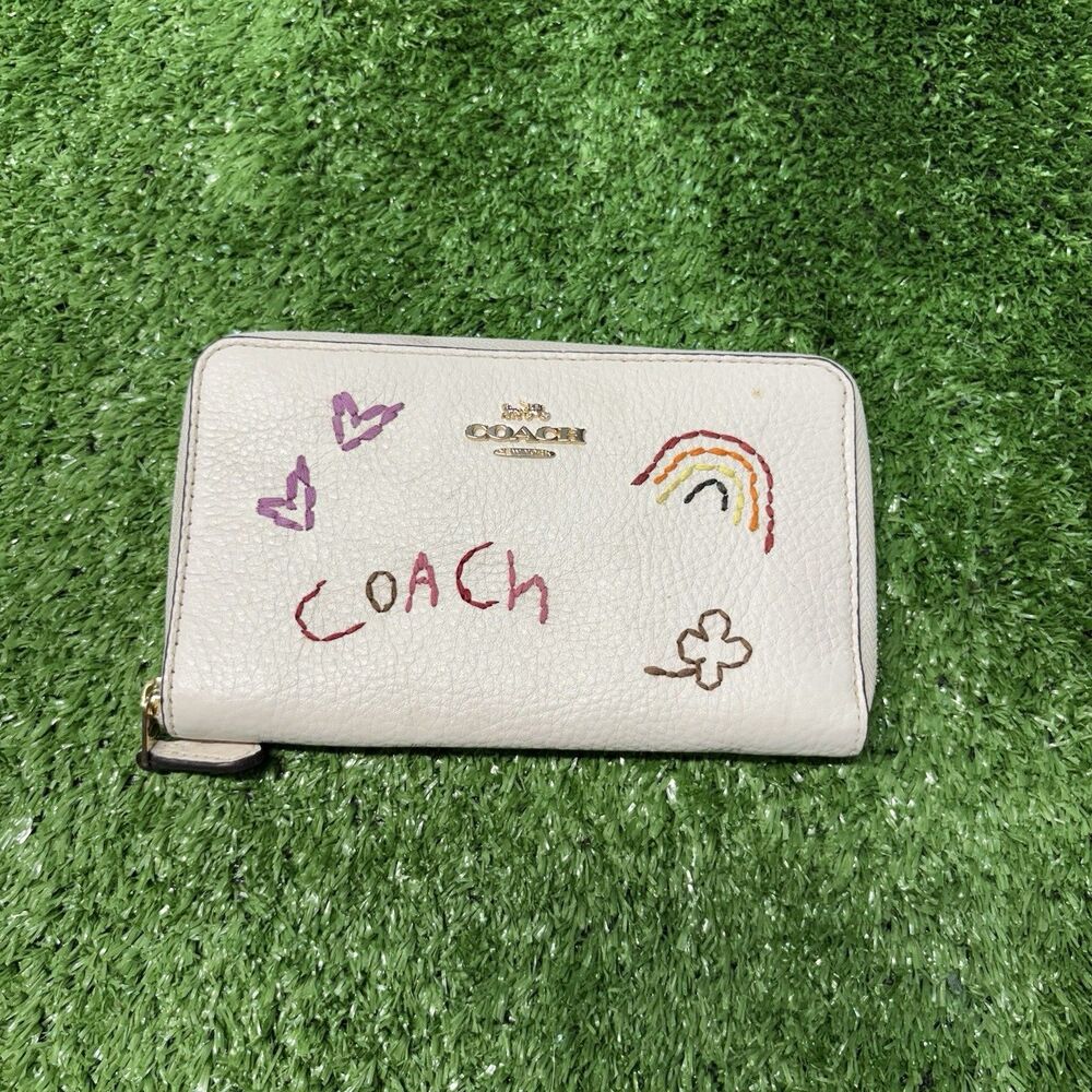 Womens Coach Medium ID Zip Wallet With Diary Embroidery C8309 in Chalk